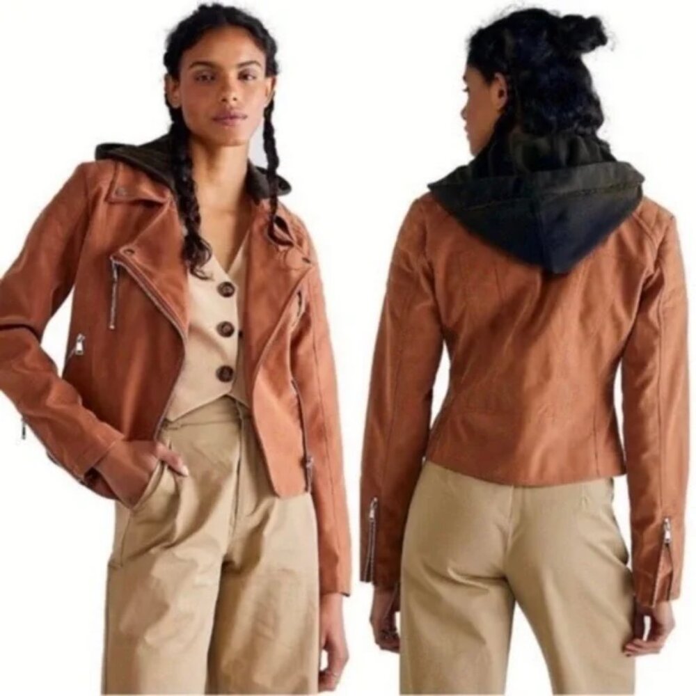 New FREE PEOPLE Suede Imitation Hooded Moto Jacket 593JS